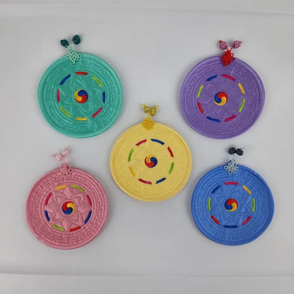 Set Of 5 Quilted Embroidered Fabric Coasters Colorful Decorative Korean Asian